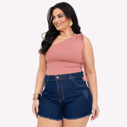 Imagem de Short Jeans Feminino Cintura Alta Lycra Shorts Plus Size Meia Coxa Barra Desfiado Bermuda Com Bolso
