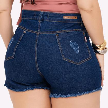 Imagem de Short Jeans Feminino Cintura Alta Lycra Shorts Plus Size Meia Coxa Barra Desfiado Bermuda Com Bolso