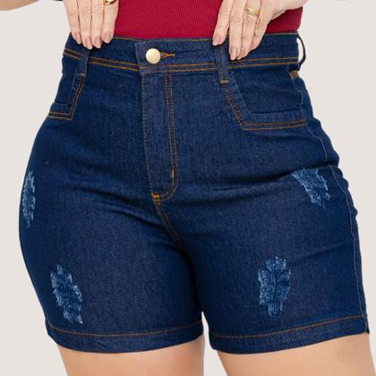Imagem de Short Jeans Feminino Cintura Alta Lycra Shorts Plus Size Meia Coxa Barra Desfiado Bermuda Com Bolso
