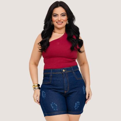 Imagem de Short Jeans Feminino Cintura Alta Lycra Shorts Plus Size Meia Coxa Barra Desfiado Bermuda Com Bolso