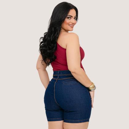 Imagem de Short Jeans Feminino Cintura Alta Lycra Shorts Plus Size Meia Coxa Barra Desfiado Bermuda Com Bolso