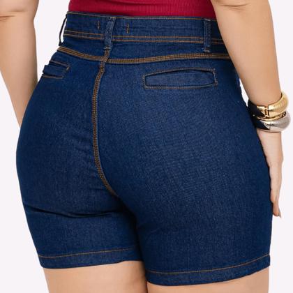 Imagem de Short Jeans Feminino Cintura Alta Lycra Shorts Plus Size Meia Coxa Barra Desfiado Bermuda Com Bolso