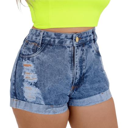 Imagem de Short Jeans Feminino Cintura Alto Destroyed Barra Dobrada