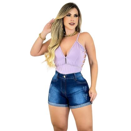 Imagem de Short Jeans Feminino Curto Barra Dobrada Cintura Alta Destroyed Hot Pants 4 Botões Dourados