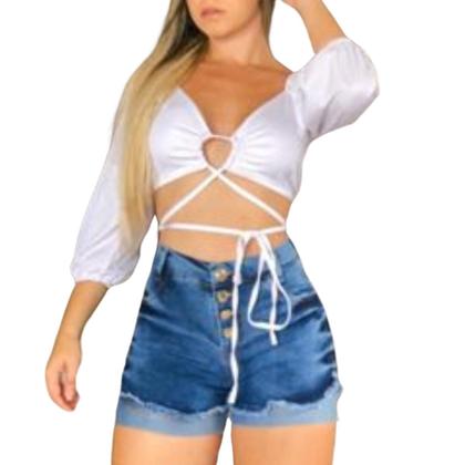 Imagem de Short Jeans Feminino: Lavagem Vintage e Romântico