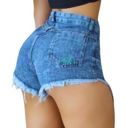 Imagem de Short Jeans Feminino Marmorizado Cintura Alta Botão Dourado Zíper Ruídos Barra Desfiada Cós Alto da Moda