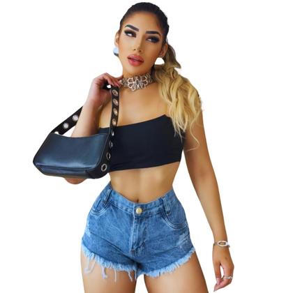 Imagem de Short Jeans Feminino Marmorizado Cintura Alta Botão Dourado Zíper Ruídos Barra Desfiada Cós Alto da Moda