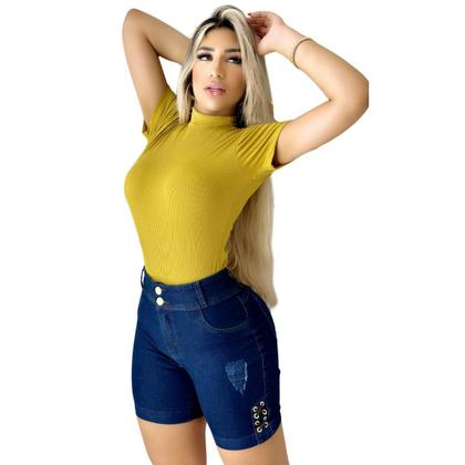 Imagem de Short Jeans Feminino Meia Coxa Cós Alto Detalhe Em Ilhós Com Lycra Empina Bumbum