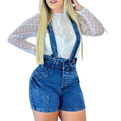 Imagem de Short Jeans Feminino Salopete Valoriza a Silhueta Com Efeito Marmorizado