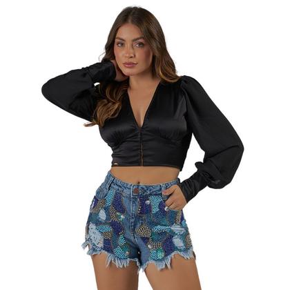 Imagem de Short Jeans Plus Size Com Bordado Manual Em Pedrarias