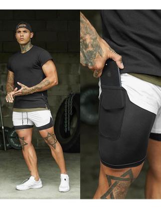 Imagem de Short Masculino de Academia Fitnes 2x1 Bolso Oculto Celular Bermuda Compressão Corrida BRANCO