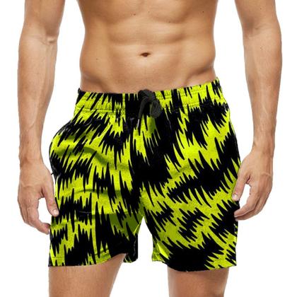 Imagem de Short Praia Shorts Banho Bermuda Verão Desenhos Rastros Preto Amarelo 670