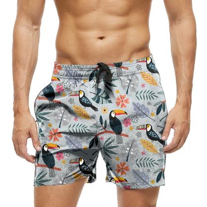 Imagem de Short Praia Shorts Banho Bermuda Verão Tucano Cartoon Folhas Flores 1803