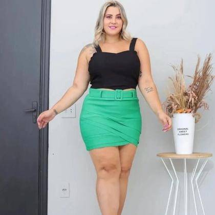 Imagem de Short Saia Plus Size Modelagem Grande Cós Alto Pregas Cinto