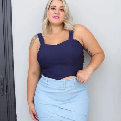 Imagem de Short Saia Plus Size Modelagem Grande Cós Alto Pregas Cinto