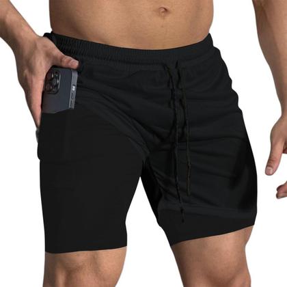 Imagem de Short Treino Dry Fit Térmico 2 em 1 com Bolso para Celular e Porta-Toalha Calção Fitness Academia