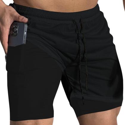 Imagem de Short Treino Dry Fit Térmico 2 em 1 com Bolso para Celular e Porta-Toalha Calção Fitness Academia