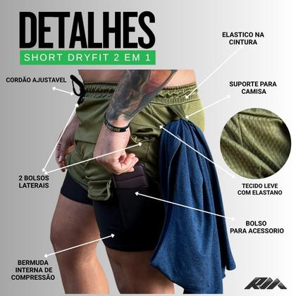 Imagem de Shorts Academia Masculino Bermuda 2 em 1 Corrida Treino Compressão Dryfit