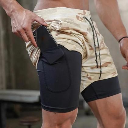 Imagem de Shorts de Ginástica Masculinos 2 em 1 - Compressão, Secagem Rápida e Elásticos