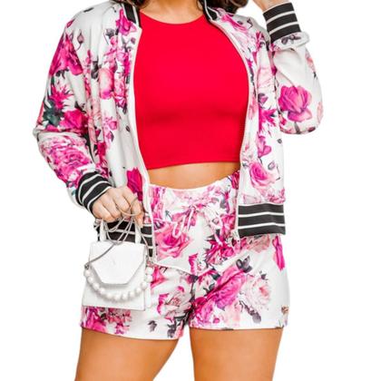 Imagem de Shorts Estampado Florido Branco e Rosa Feminino Com Elástico