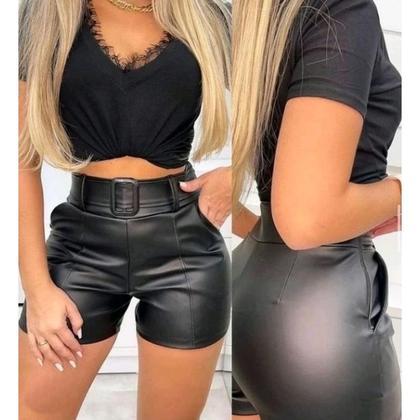Imagem de Shorts Feminino material ecológico Sintético Premium Cintura Alta com Bolsos Elegante Moda Casual