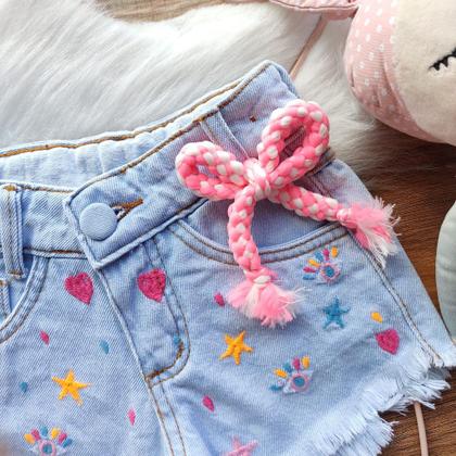 Imagem de Shorts Jeans Infantil Baby Menina  Barato Com Regulagem Blogueirinha Mini Diva Influencer