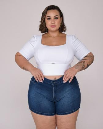 Imagem de Shorts Jeans Plus Size Bolso Cintura Média Elastano