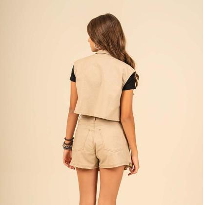 Imagem de Shorts Saia em Sarja com Elastano com Pregas Caqui Pakita