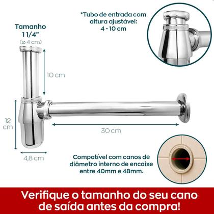 Imagem de Sifão Copo Cromado Metal 1 1/4 E Válvula Click Inox 40mm Tampa Cerâmica Branca Ralo Pia Lavatório Cuba Aparente Kit Banheiro 