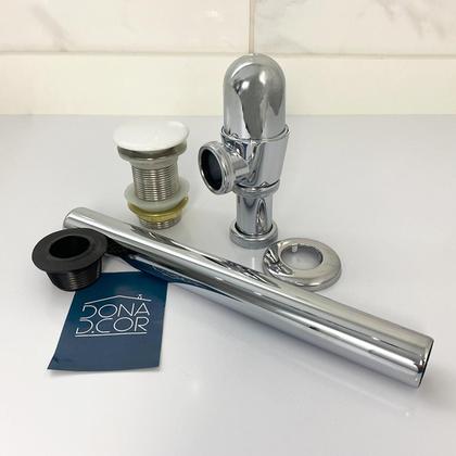 Imagem de Sifão Copo Cromado Metal 1 1/4 E Válvula Click Inox 40mm Tampa Cerâmica Branca Ralo Pia Lavatório Cuba Aparente Kit Banheiro 