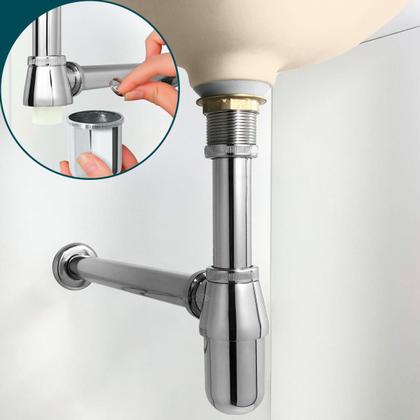 Imagem de Sifão Copo Cromado Metal 1 1/4 E Válvula Click Inox 40mm Tampa Cerâmica Branca Ralo Pia Lavatório Cuba Aparente Kit Banheiro 