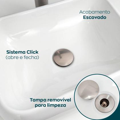 Imagem de Sifão Copo e Valvula Click ⅞ Inox Escovado Kit Banheiro Luxo Ralo de Pia e Sifao Quadrado De Parede Aço Inox 304 Fosco Valvula Lavatorio 30mm