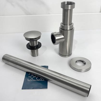 Imagem de Sifão Copo e Valvula Click ⅞ Inox Escovado Kit Banheiro Luxo Ralo de Pia e Sifao Quadrado De Parede Aço Inox 304 Fosco Valvula Lavatorio 30mm