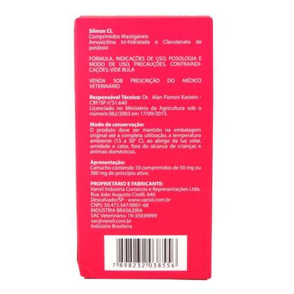 Imagem de Silmox CL 50mg c/ 10 Comprimidos Para Cães E Gatos Vansil