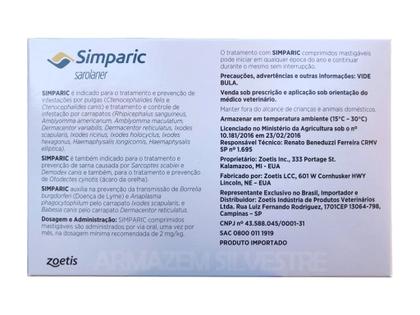 Imagem de Simparic 5 a 10 Kg 20mg 1 Comprimido Mastigável Palatável Pulgas Carrapatos Sarnas