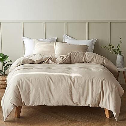 Imagem de Simples&Opulência Conjunto de Cobertura de Edredom de Linho Francês - Twin Size(68" x 86")- 2 Peças (1 Capa Edredom, 1 Fronha)- Algodão de Linho Natural Blend-Solid Color Breathable Farmhouse Bedding-Linen/Beige