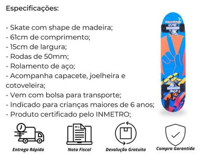 Imagem de Skate Infantil 24 Polegadas Com Kit De Proteção Capacete - IMPORTWAY