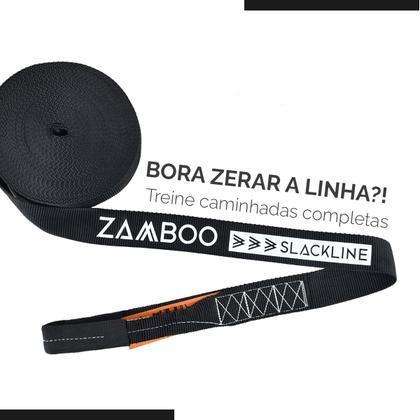 Imagem de Slackline Zamboo ActionLine 20m Preto Com Catraca Reforçada BackUp Protetores Desenvolve Coordenação Equilíbrio