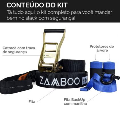 Imagem de Slackline Zamboo ActionLine 20m Preto Com Catraca Reforçada BackUp Protetores Desenvolve Coordenação Equilíbrio