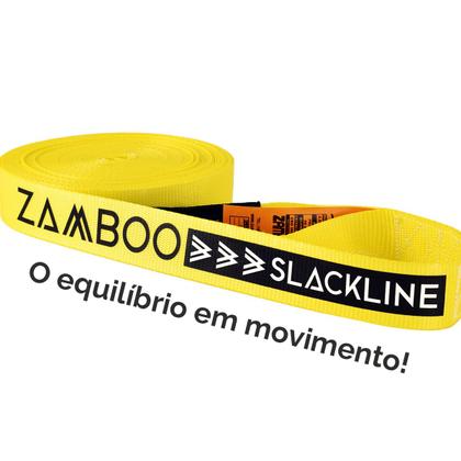 Imagem de Slackline Zamboo Kit ActionLine 20m Amarelo Com Catraca Reforçada Suporta 3 Ton Desenvolve Equilíbrio Coordenação
