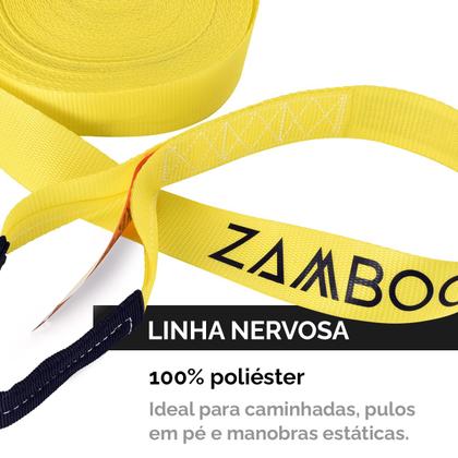 Imagem de Slackline Zamboo Kit ActionLine 20m Amarelo Com Catraca Reforçada Suporta 3 Ton Desenvolve Equilíbrio Coordenação