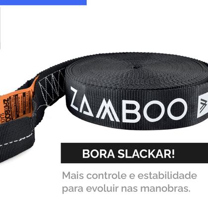 Imagem de Slackline Zamboo Kit StartLine 15m Preto Com Catraca Reforçada Suporta 3 Ton Desenvolve Equilíbrio Coordenação