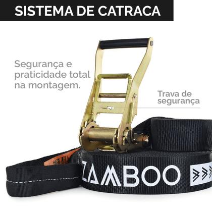 Imagem de Slackline Zamboo Kit StartLine 15m Preto Com Catraca Reforçada Suporta 3 Ton Desenvolve Equilíbrio Coordenação
