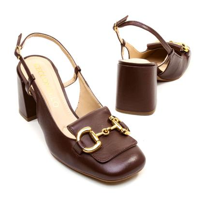 Imagem de Slingback Couro Marrom Salto Bloco Cecconello 2387002-18