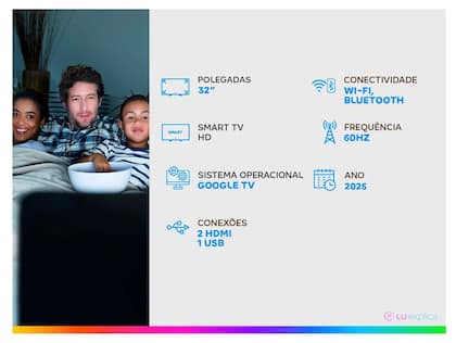 Smart TV 32” SEMP HD LED 32S42 Google TV - 2 HDMI + Suporte para TV Fixo Indusat