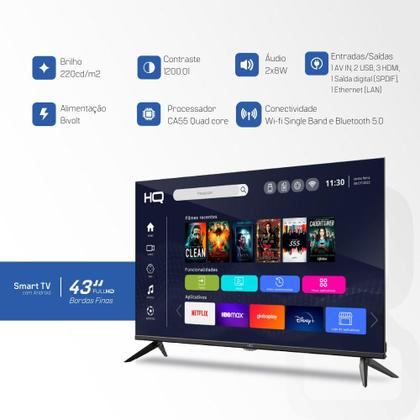 Smart TV 43" HQ Full HD HDR tela sem bordas Android 11 design Slim Processador Quad Core Espelhamento de tela HQSTV43N Imagem de Smart TV 43" HQ Full HD HDR tela sem bordas Android 11 design Slim Processador Quad Core Espelhamento de tela HQSTV43N