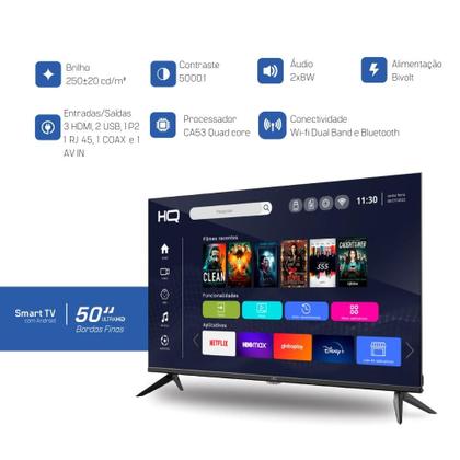 Smart TV 50" HQ 4K 3 HDMI 2 USB WI-FI Android 11 Design Slim e Tela Frameless UDE50HR315LN Imagem de Smart TV 50" HQ 4K 3 HDMI 2 USB WI-FI Android 11 Design Slim e Tela Frameless UDE50HR315LN