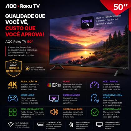 Imagem de Smart TV 50 Polegadas 4K AOC 50U6125 Roku TV WiFi HDR10 Comando De Voz Rapida E Facil Bivolt