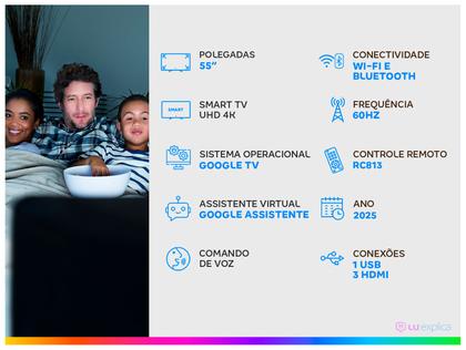 Imagem de Smart TV 55" SEMP 4K LED 55S62 Google TV AiPQ Pro Google Assistente 3 HDMI e USB