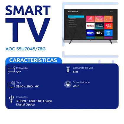 Imagem de Smart TV AOC LED 55 Polegadas 4K Wi-Fi HDR10 HDMI 55U7045/78G